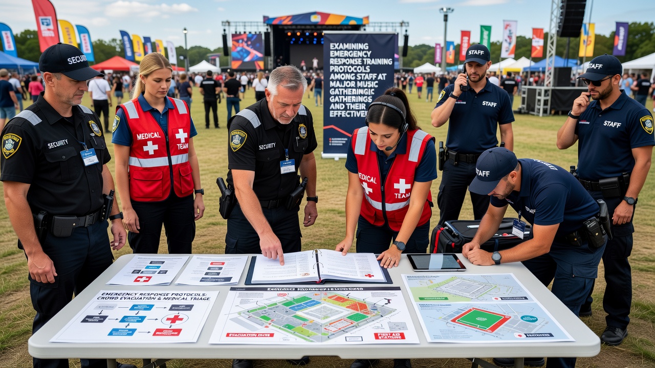 Emergency medical staff responding to an attendee at an outdoor music festival with trained protocols in action