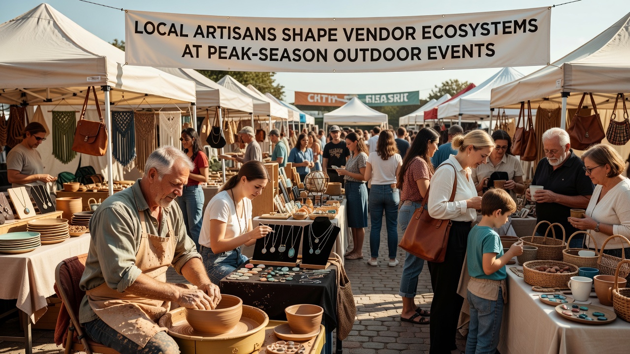 Artisan vendors collaborating with neighboring food stalls at a busy outdoor market during peak festival season
